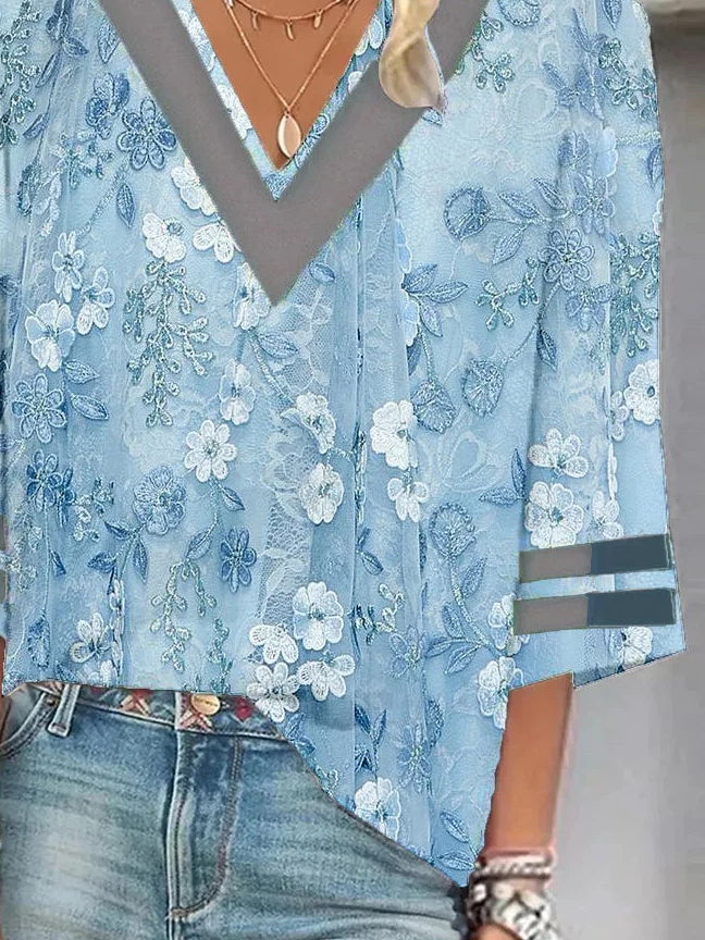 V Neck Floral Casual Blouse