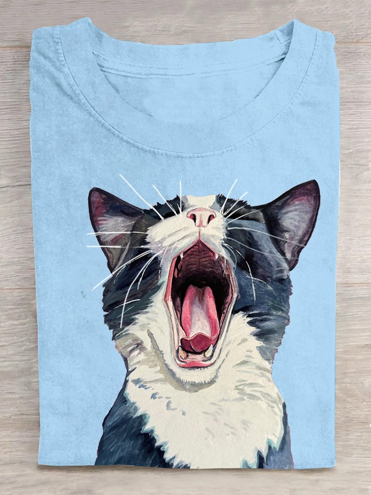 Loose Casual Cat Crew Neck T-Shirt