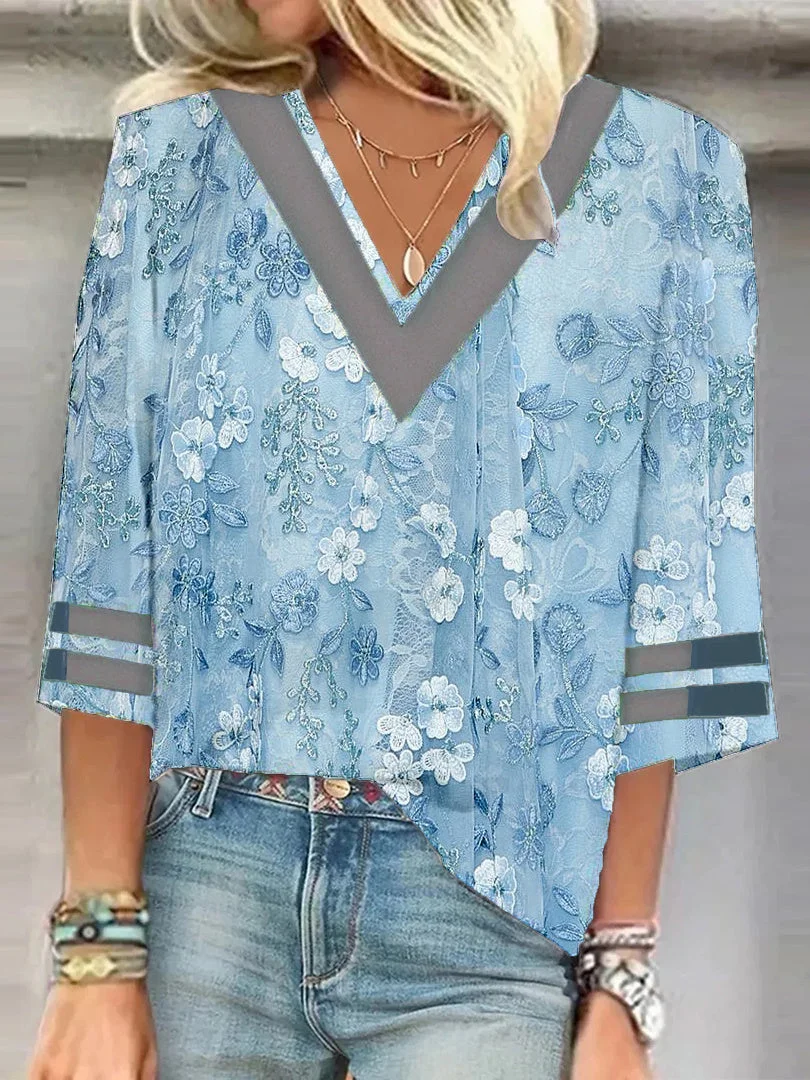 V Neck Floral Casual Blouse