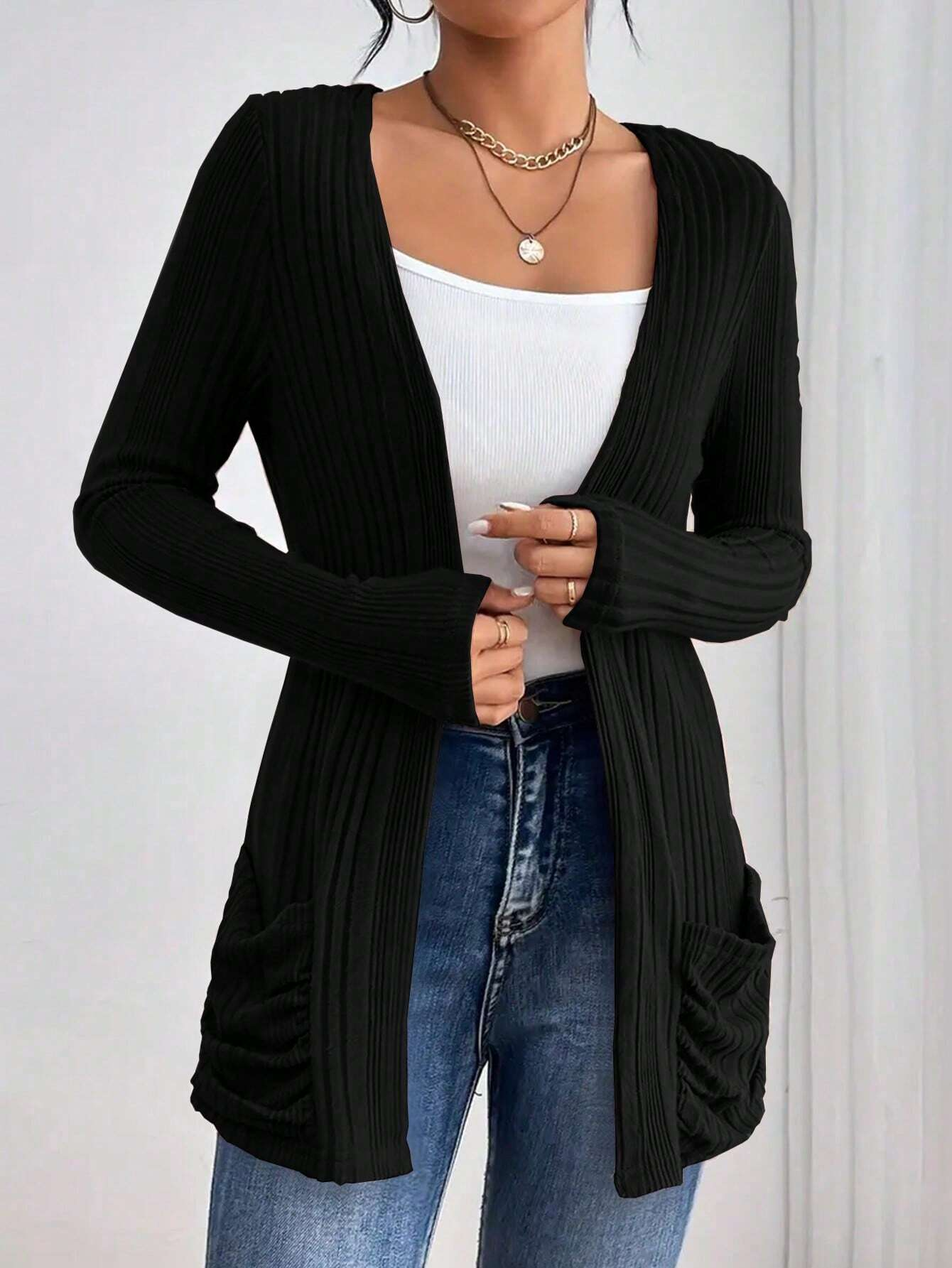 Loose Casual Pocket Stitching Knitted Kimono