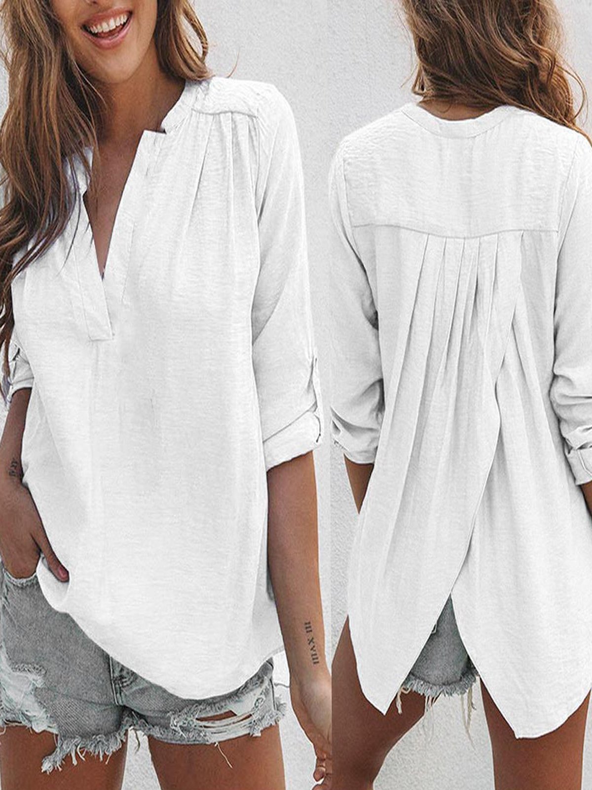 Plain Casual Shirt Collar Loose Blouse