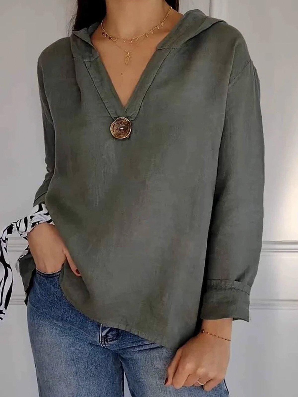 Hoodie Plain Casual Buckle Blouse