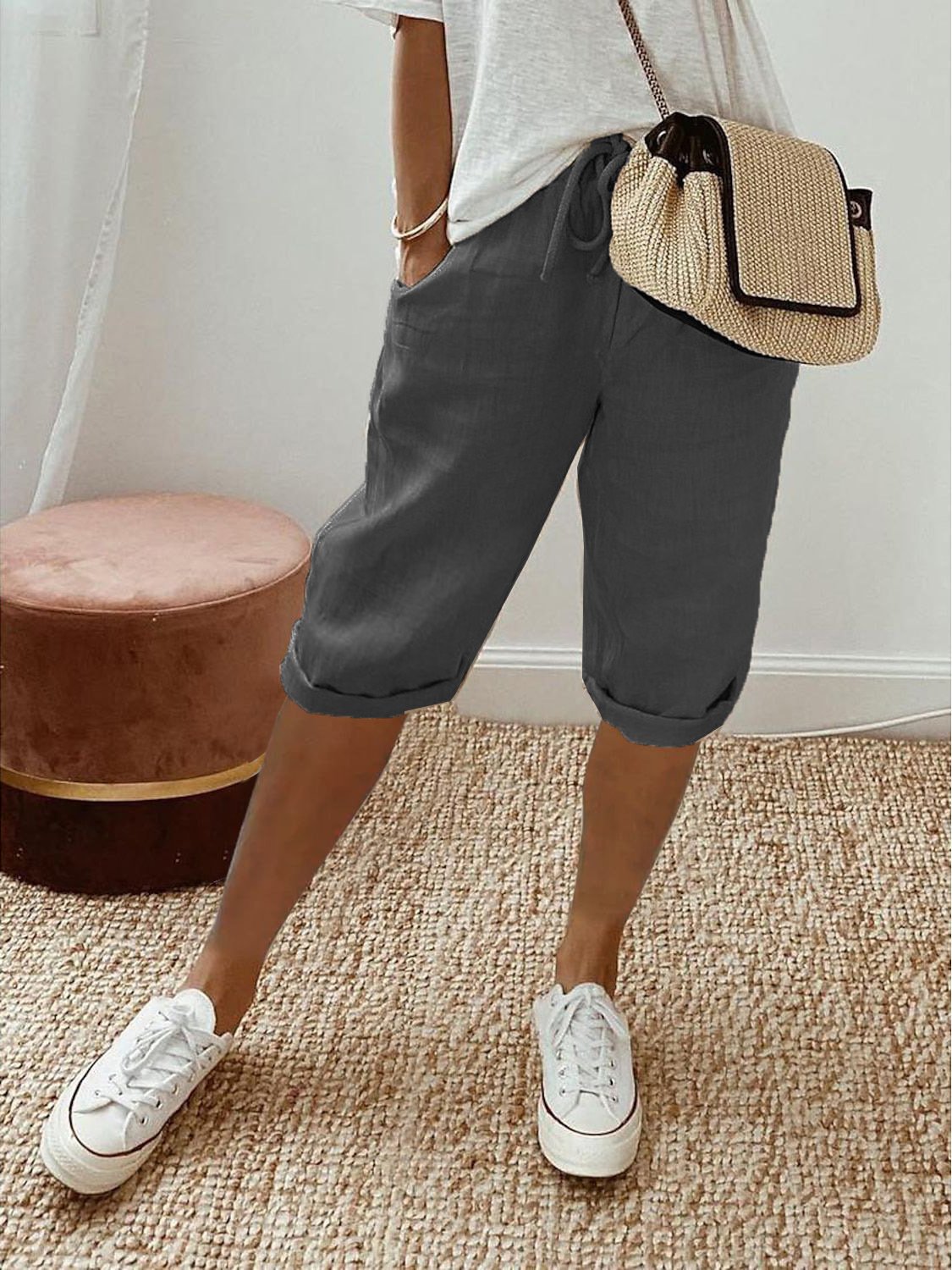 Casual Pocket Stitching Plain Loose Pants