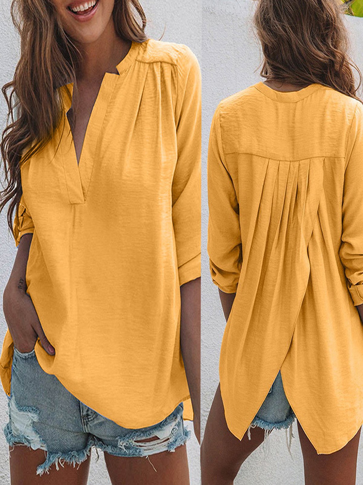 Plain Casual Shirt Collar Loose Blouse