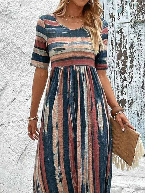 V Neck Loose Abstract Stripes Casual Dress