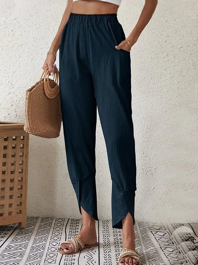 Casual Cotton Pocket Stitching Plain Pants