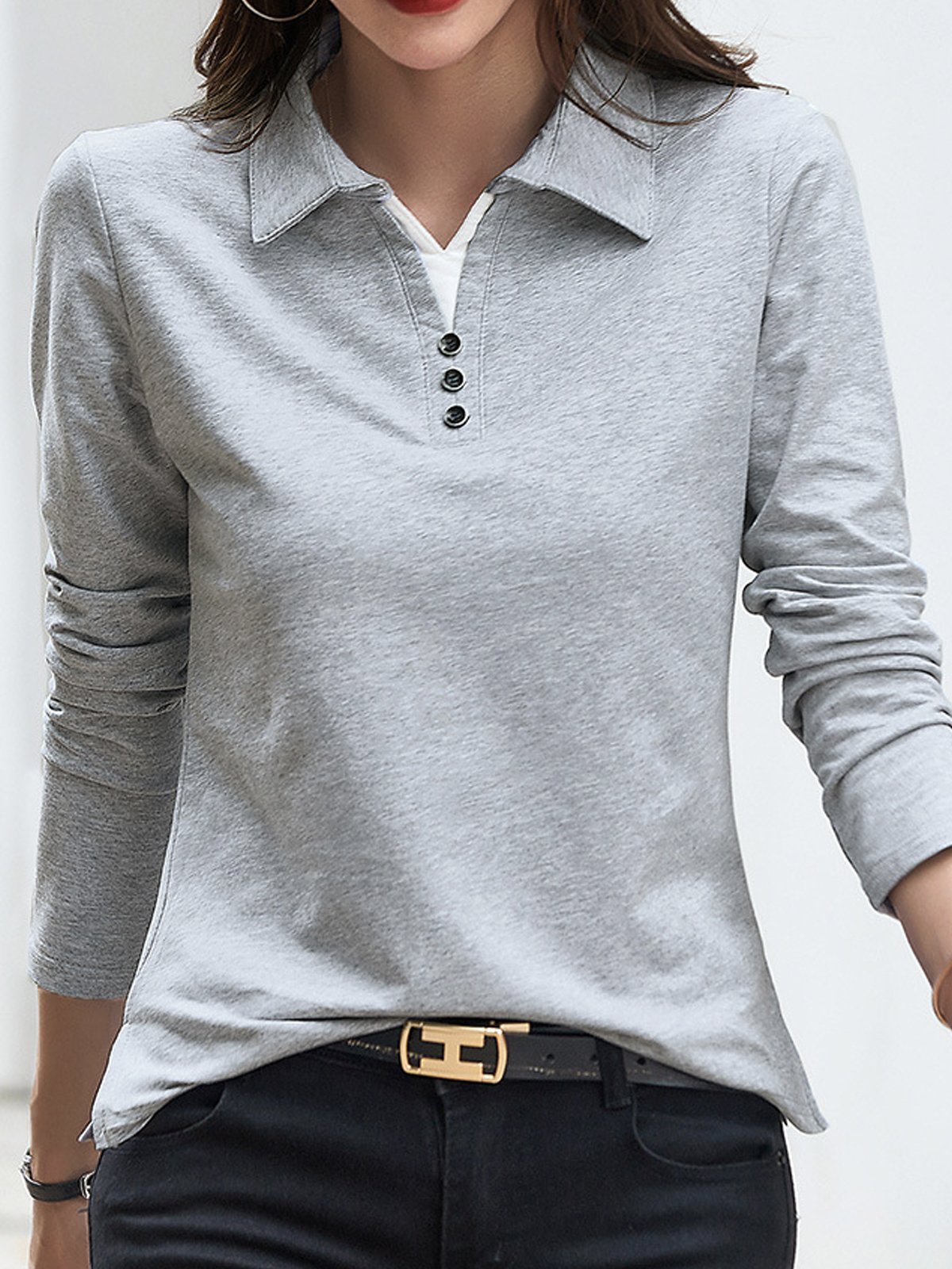 Loose Casual Plain Shawl Collar Blouse