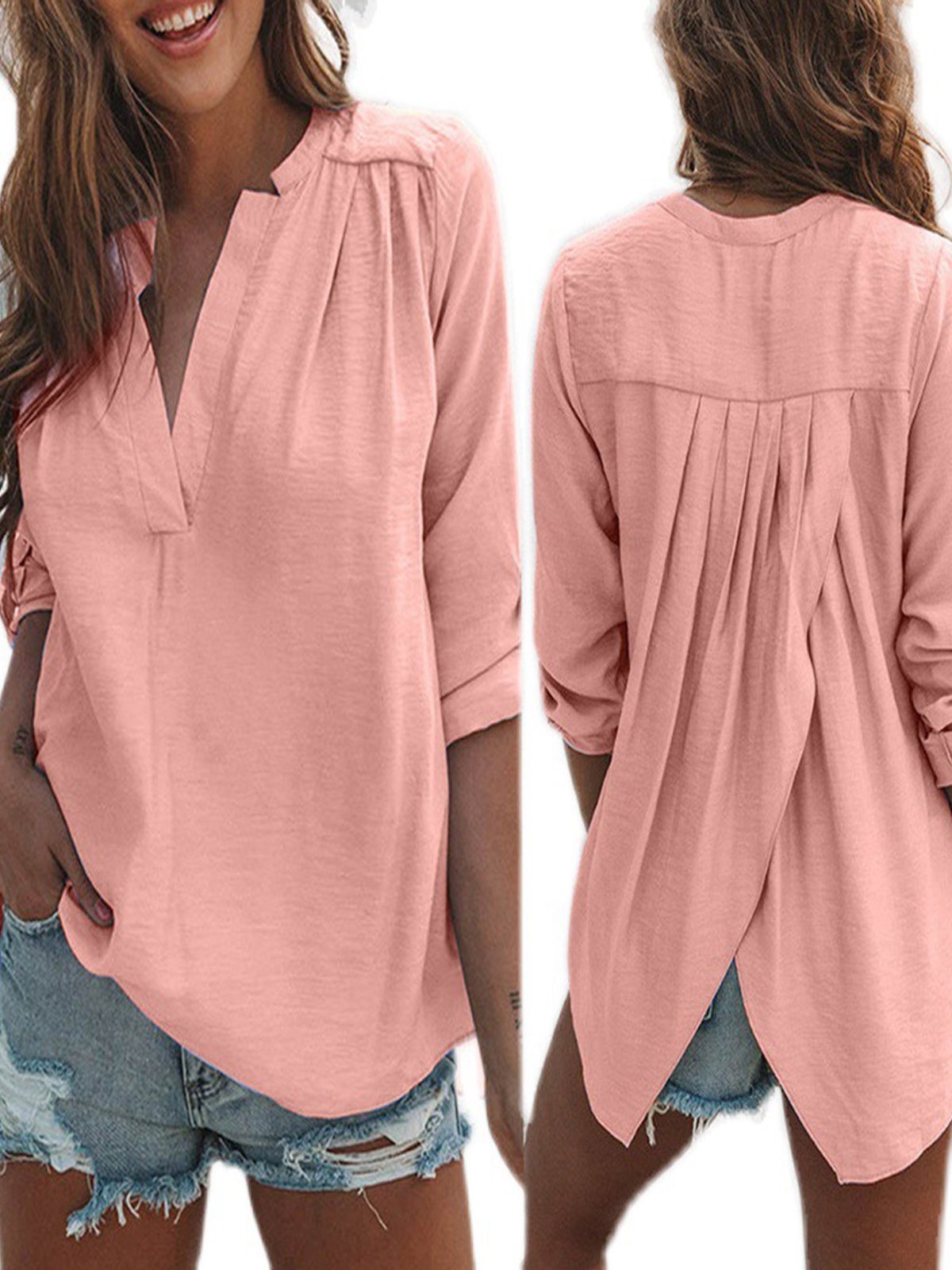 Plain Casual Shirt Collar Loose Blouse