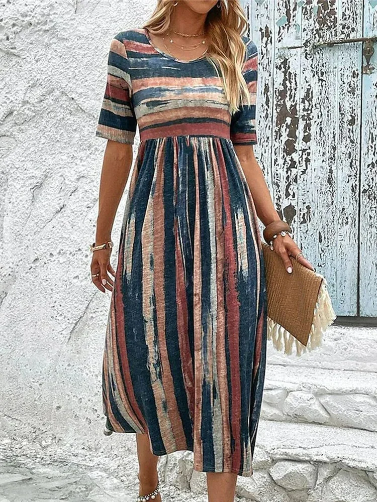 V Neck Loose Abstract Stripes Casual Dress