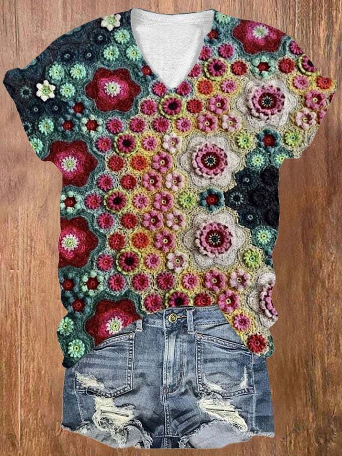 Casual V Neck Floral Loose T-Shirt