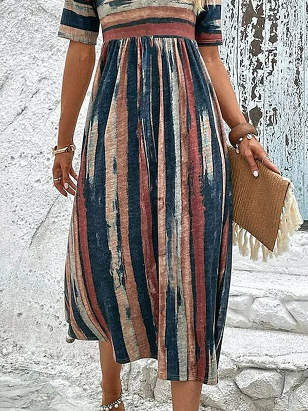 V Neck Loose Abstract Stripes Casual Dress