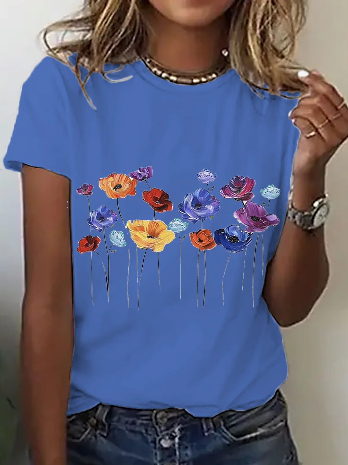 Floral Cotton Crew Neck Casual T-Shirt