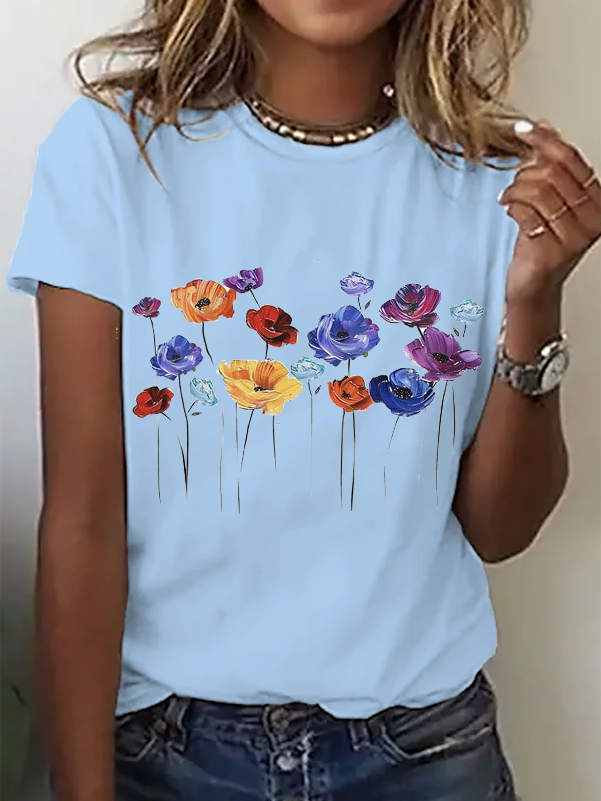 Floral Cotton Crew Neck Casual T-Shirt