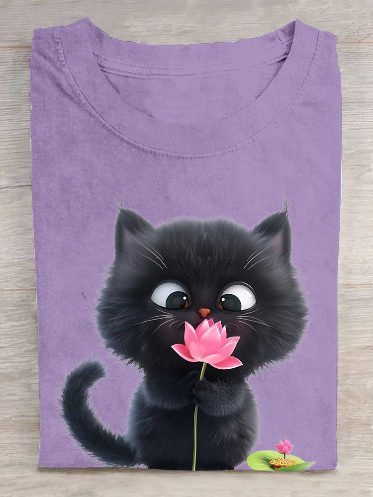 Crew Neck Cat Cotton Casual T-Shirt