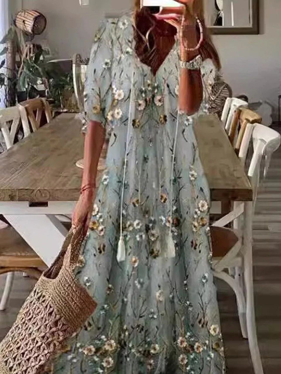 Casual Floral V Neck Dress