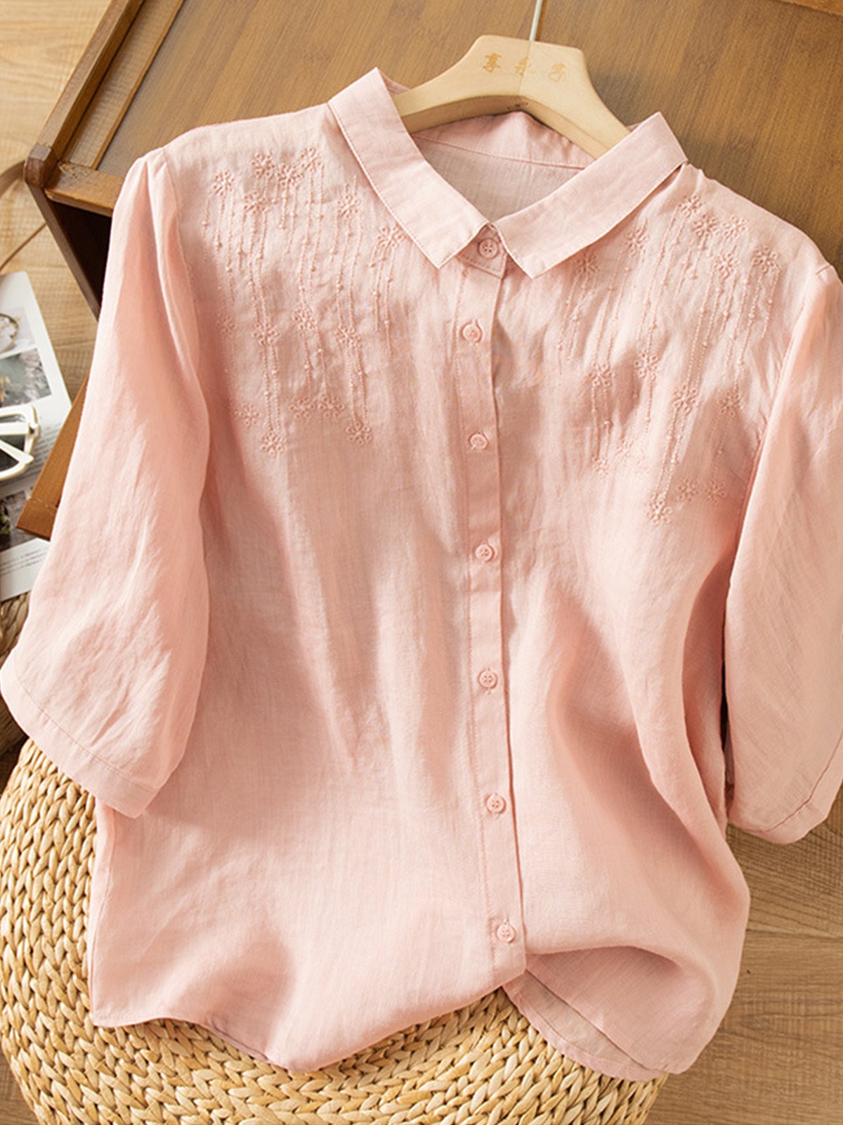 Shirt Collar Cotton And Linen Casual Blouse