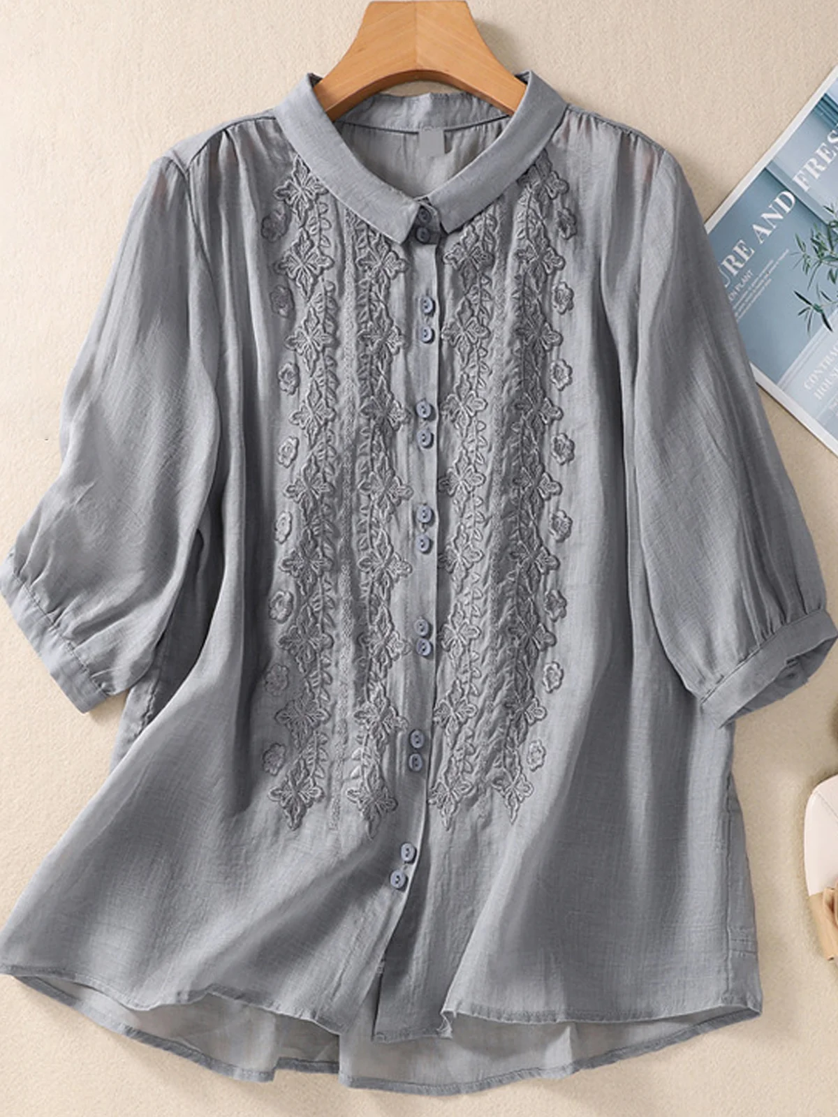 Cotton And Linen Plain Loose Casual Blouse