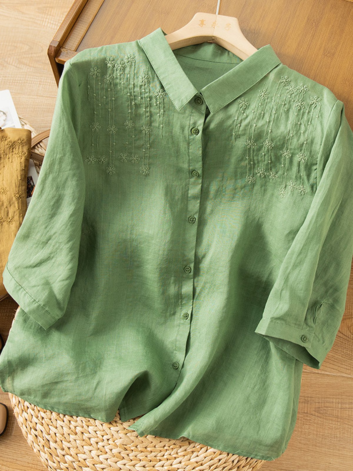 Shirt Collar Cotton And Linen Casual Blouse