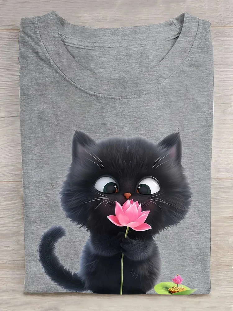 Crew Neck Cat Cotton Casual T-Shirt