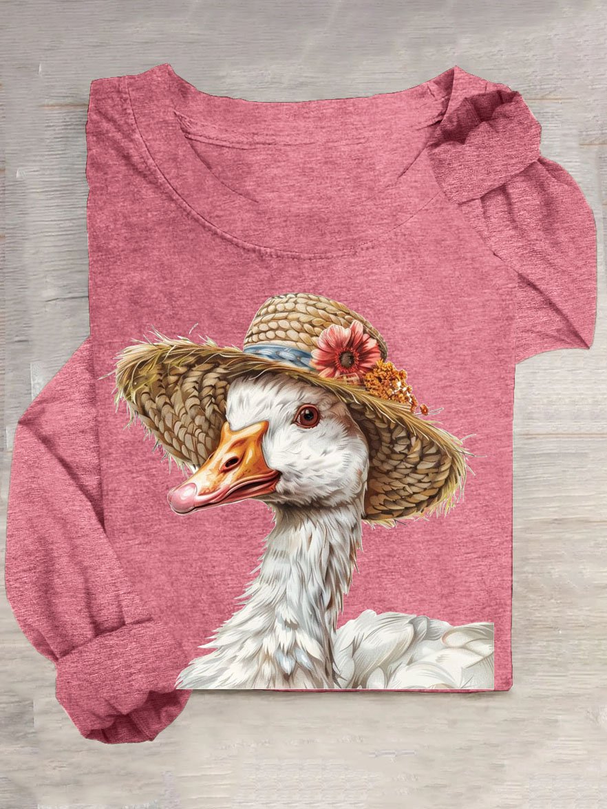 Funny Duck Art Printed Casual Crew Neck Long Sleeve T-Shirt