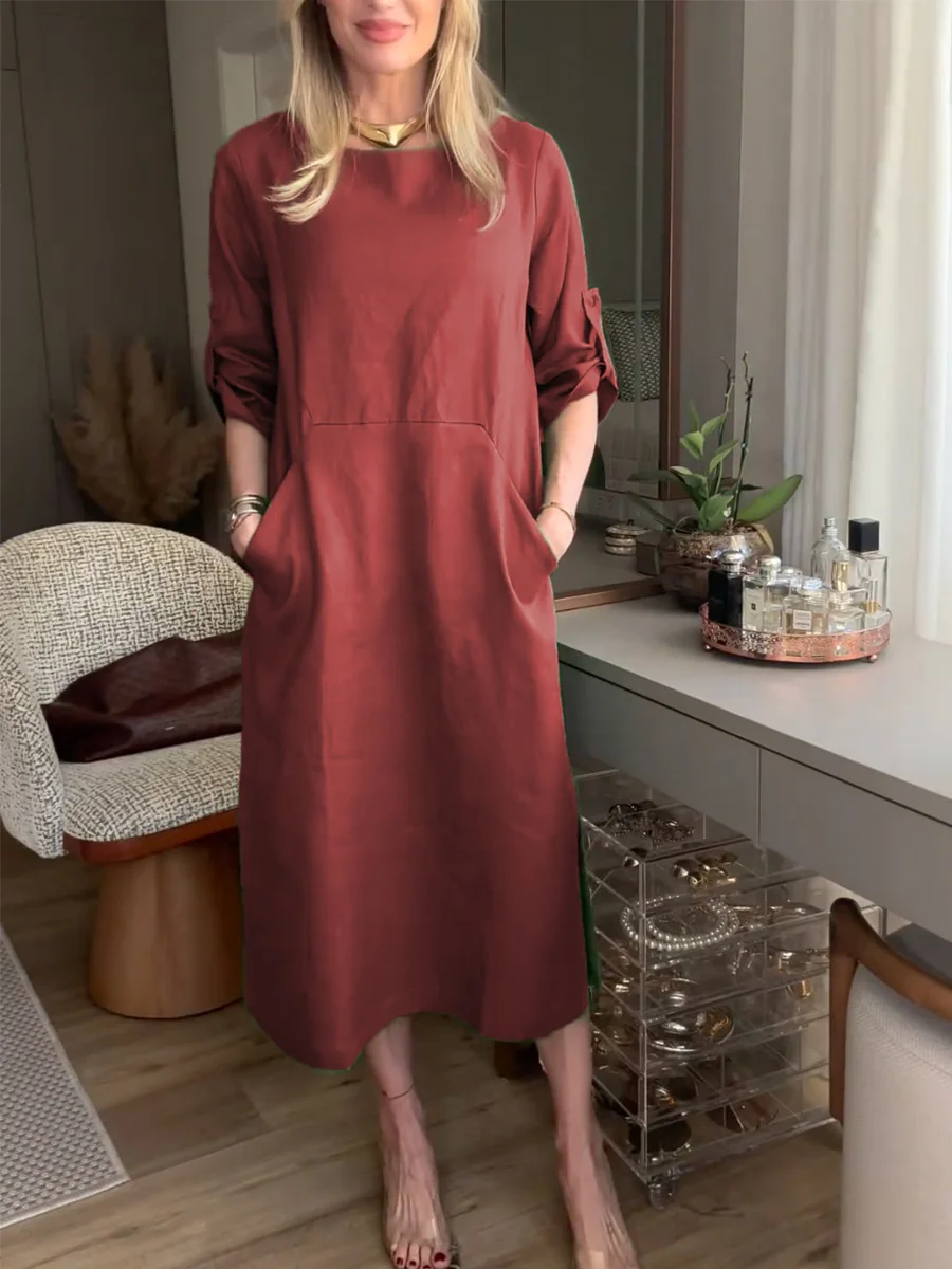 Cotton Crew Neck Casual Loose Dress With No