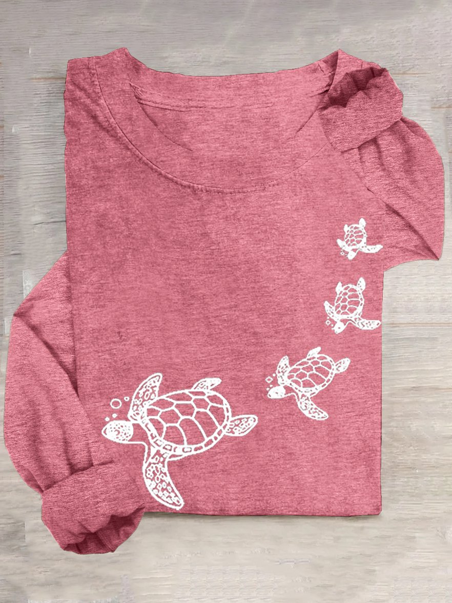 Casual Crew Neck Cotton-Blend Turtle T-Shirt