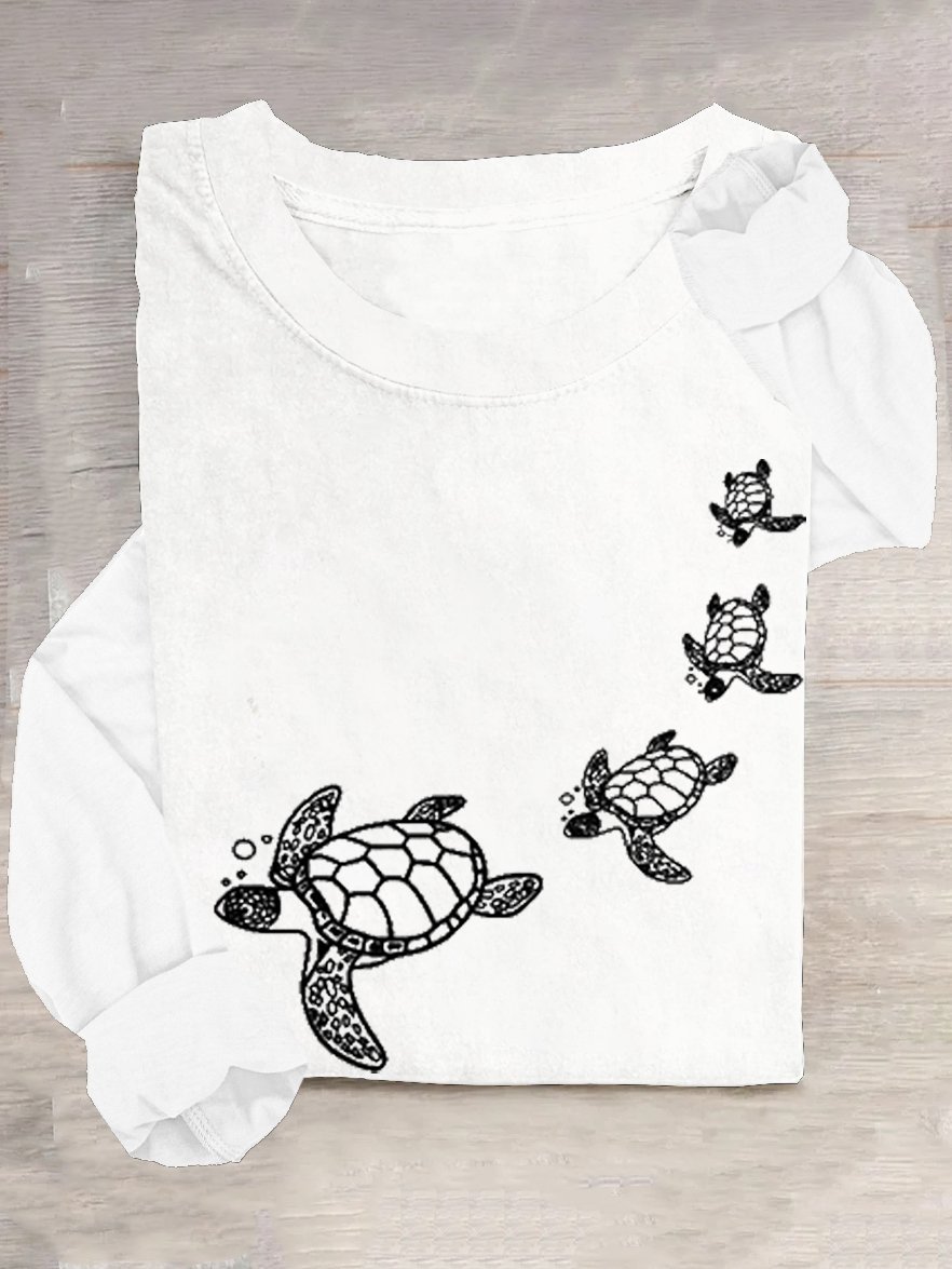 Casual Crew Neck Cotton-Blend Turtle T-Shirt