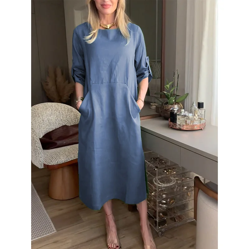 Cotton Crew Neck Casual Loose Dress With No