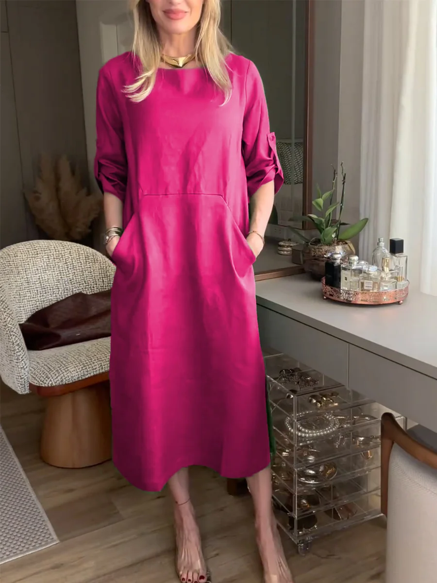 Cotton Crew Neck Casual Loose Dress With No