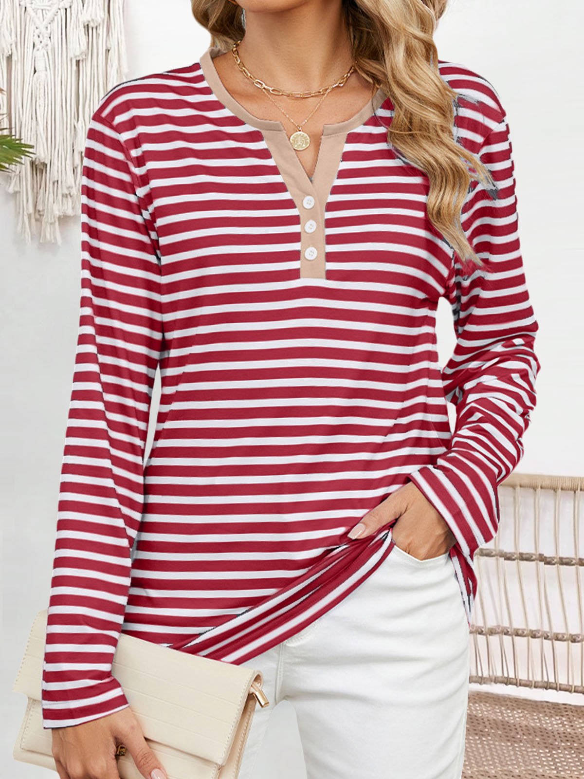 Striped Buckle Loose Casual T-Shirt