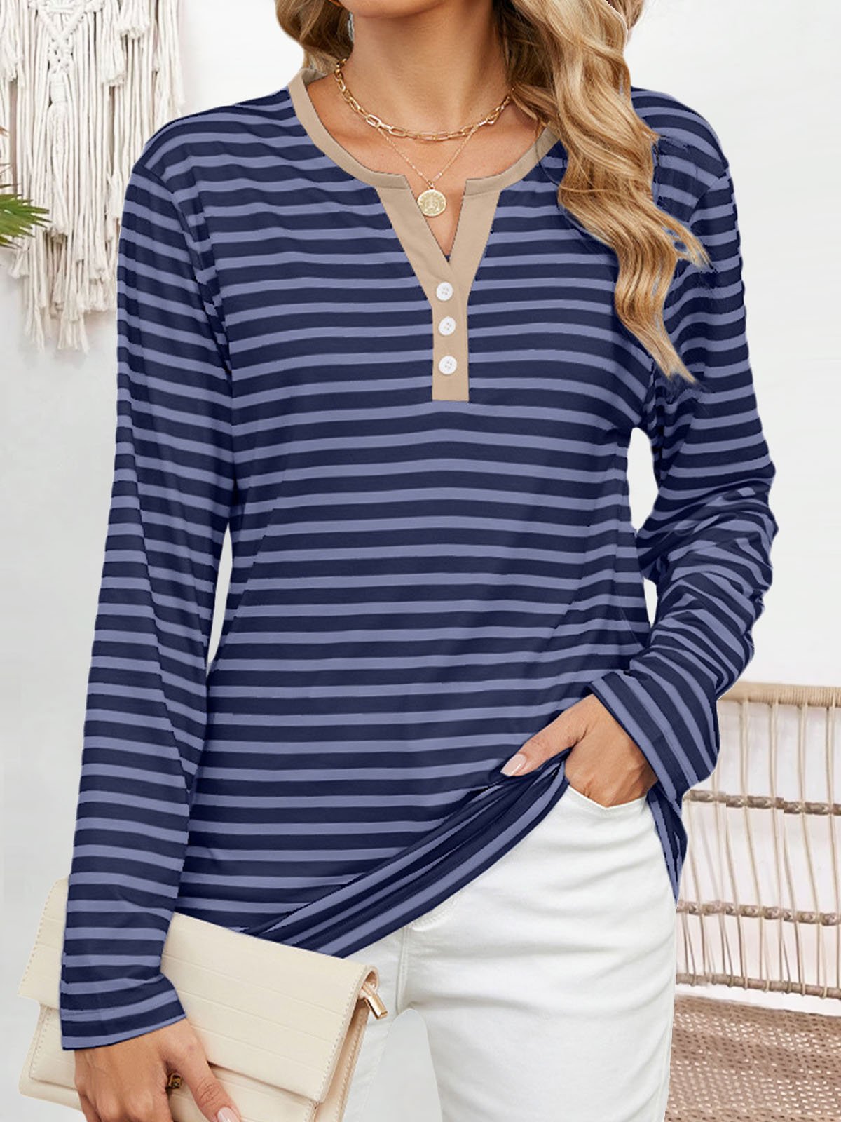 Striped Buckle Loose Casual T-Shirt