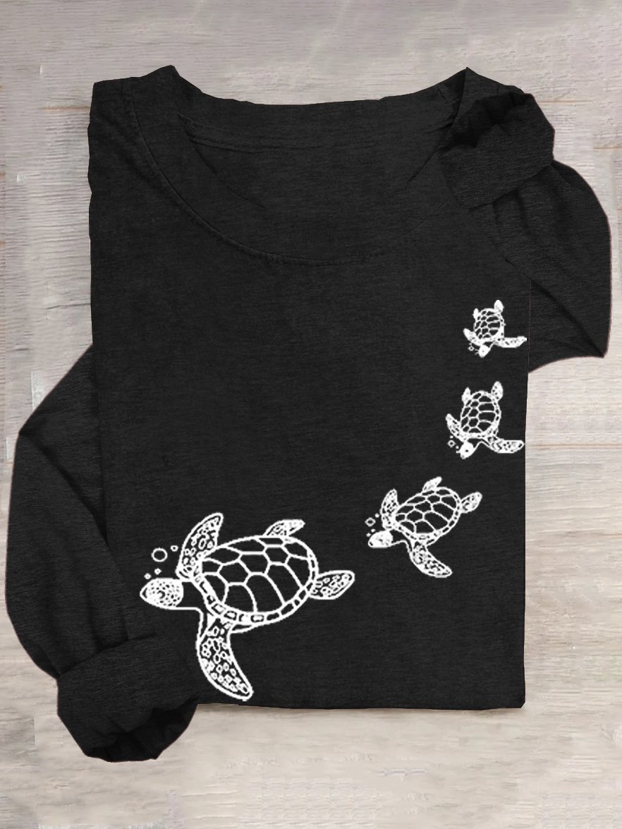 Casual Crew Neck Cotton-Blend Turtle T-Shirt