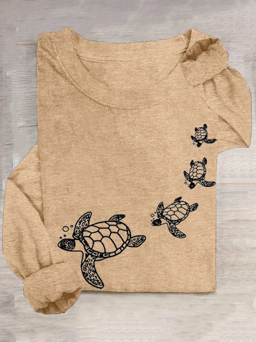 Casual Crew Neck Cotton-Blend Turtle T-Shirt