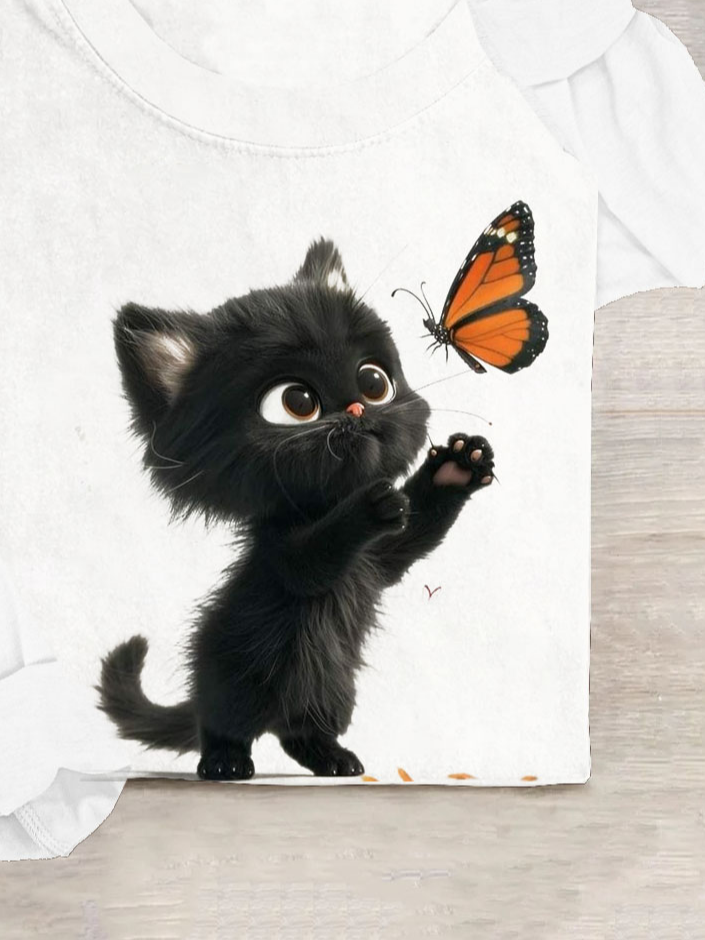 Cat & Butterfly Crew Neck Casual T-Shirt