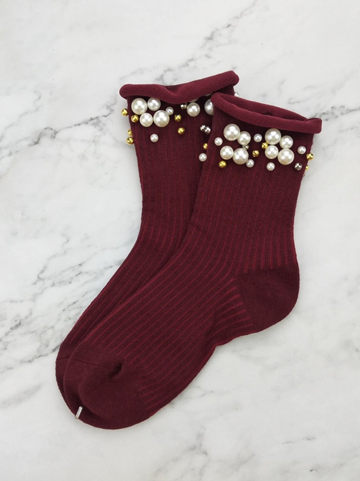 1pair Faux Pearl Beaded Mid-calf Socks