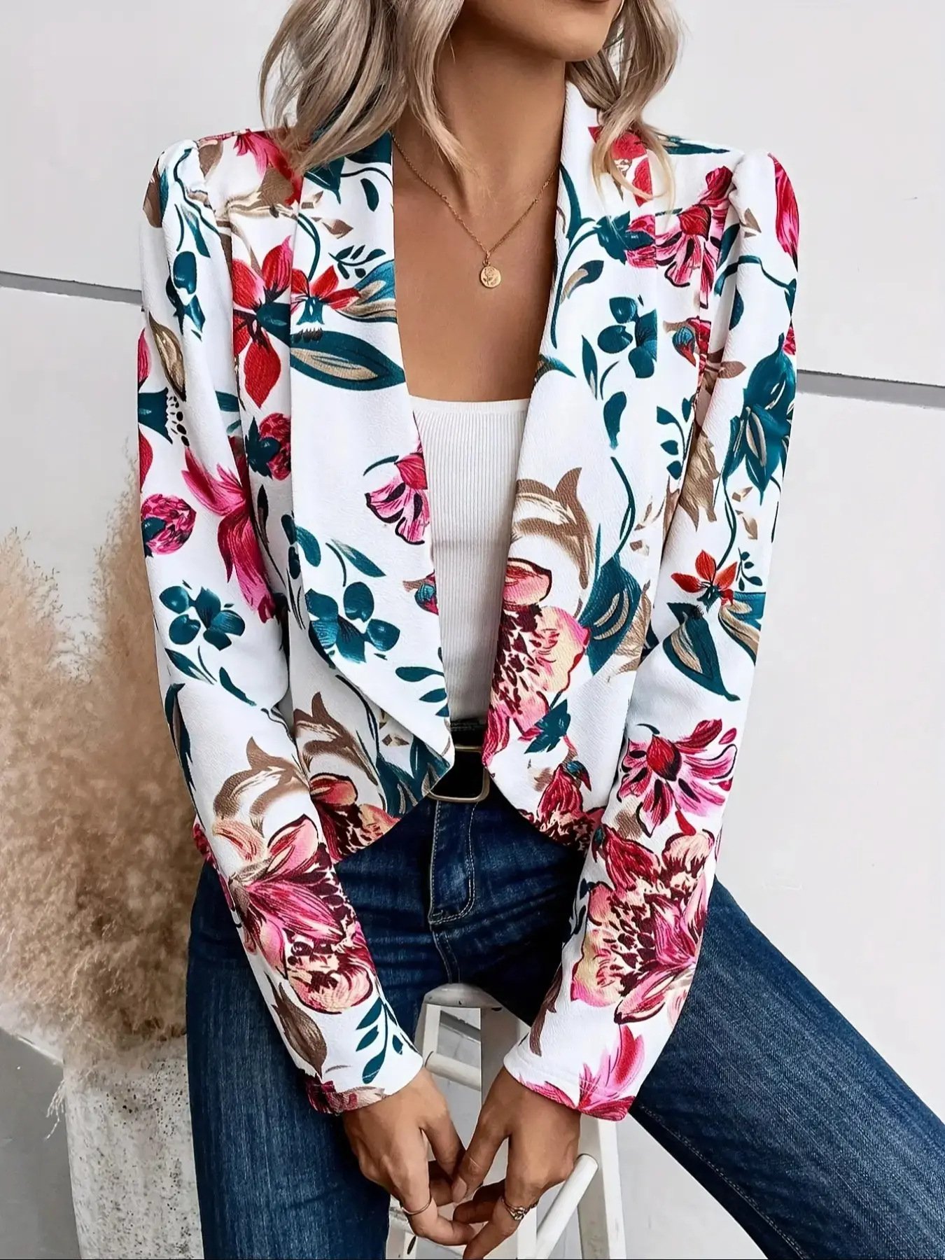 Casual Shawl Collar Loose Floral Blazer