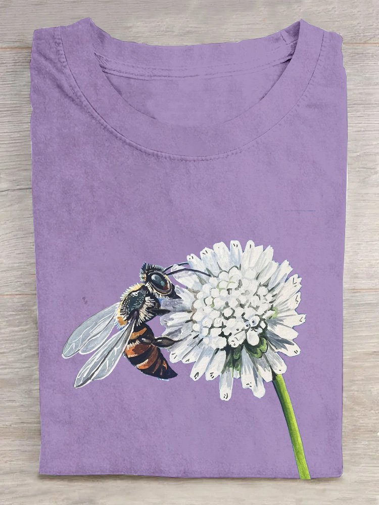 Floral Bee Casual Crew Neck T-Shirt