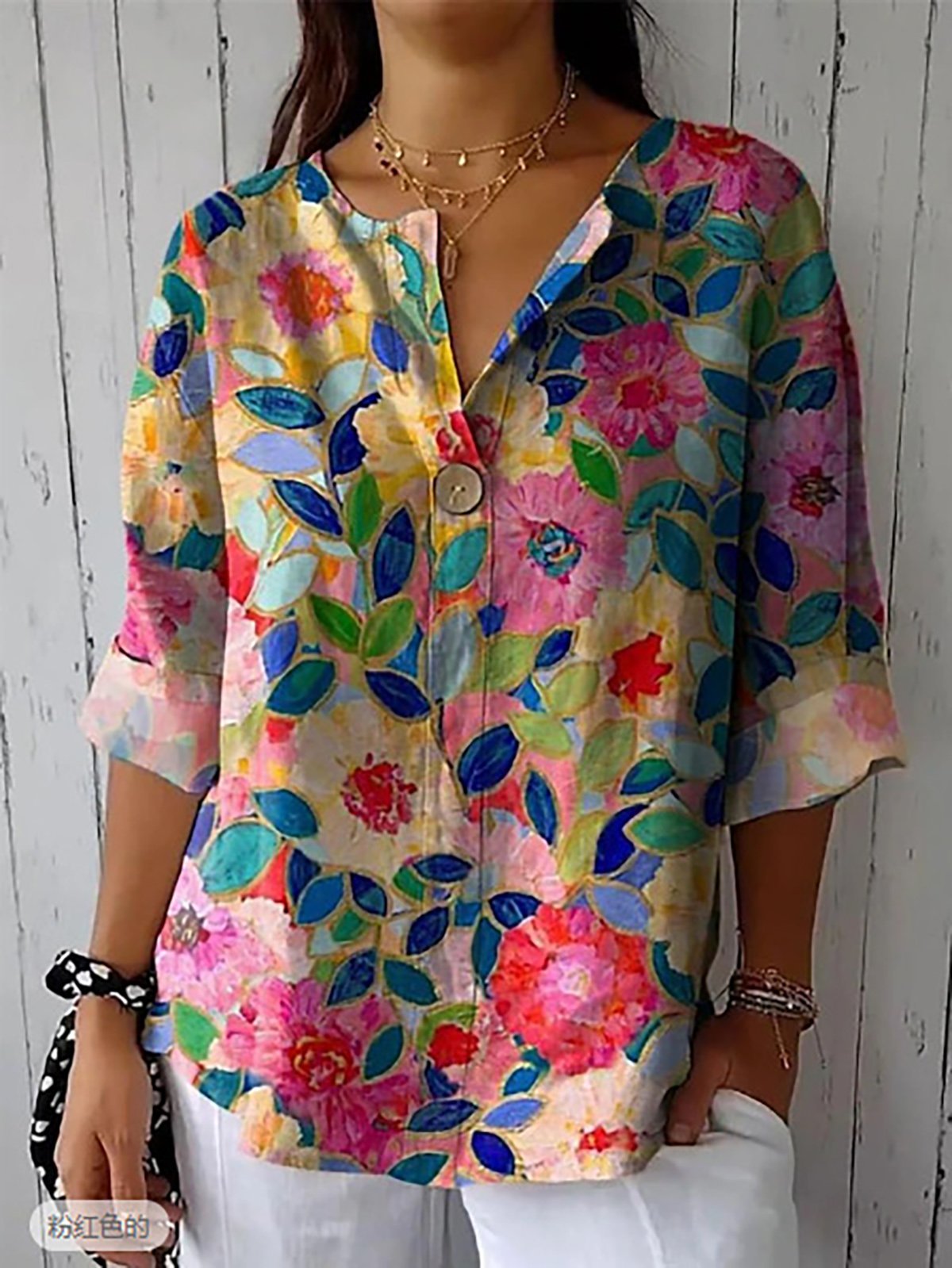 Casual Floral Loose V Neck Blouse