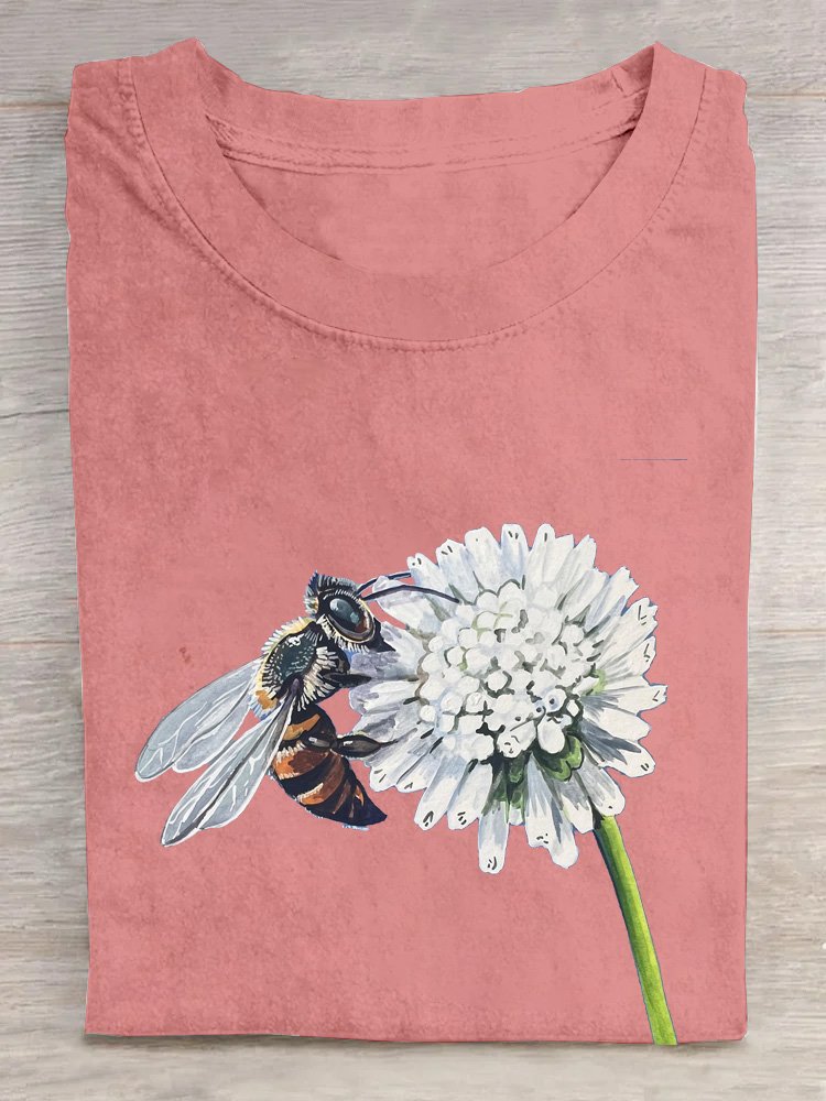 Floral Bee Casual Crew Neck T-Shirt