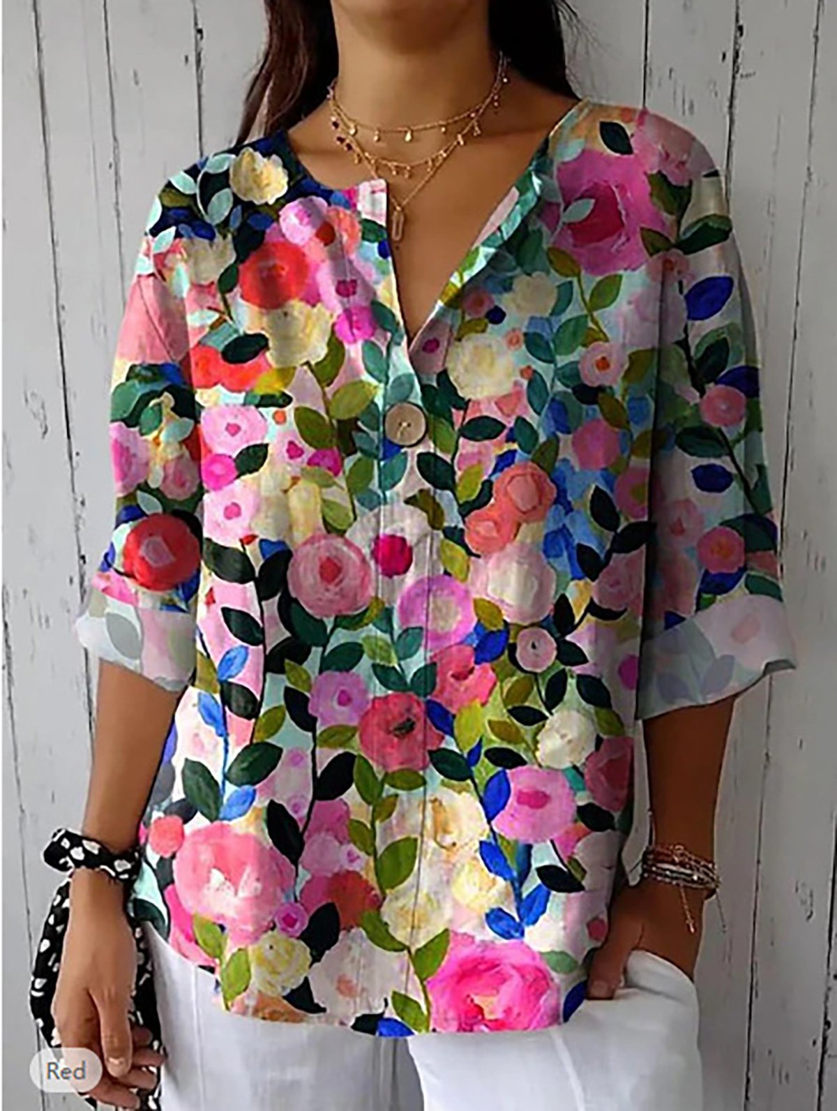 Casual Floral Loose V Neck Blouse