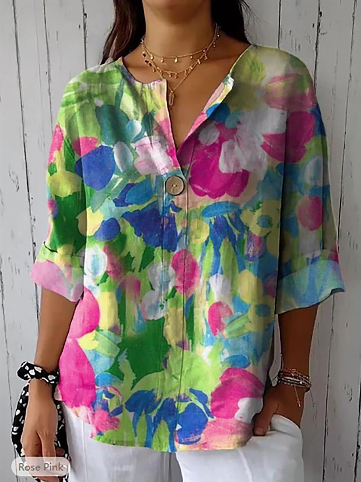 Casual Floral Loose V Neck Blouse