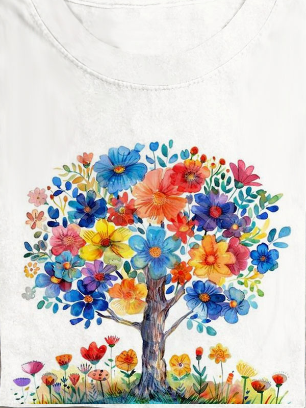 Funny Floral & Tree Printed Short Sleeve Casual T-Shirt