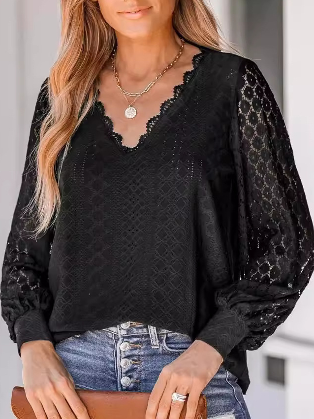 Loose Lace V Neck Casual T-Shirt