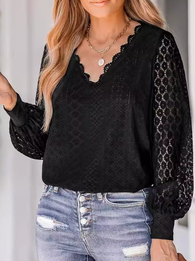 Loose Lace V Neck Casual T-Shirt