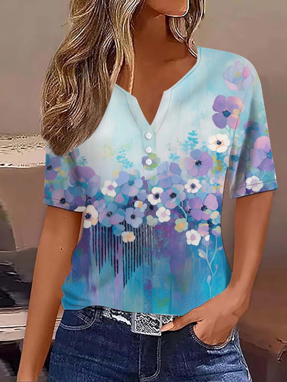 Loose Floral Jersey Casual T-Shirt