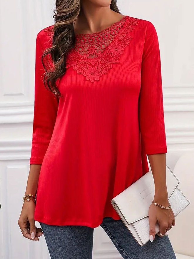 Plain Loose Casual Lace Edge T-Shirt