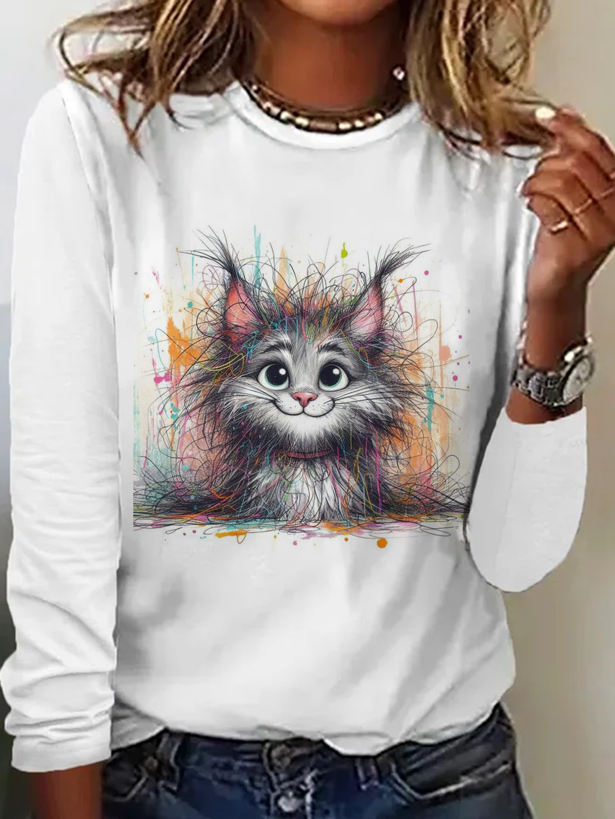 Cat Crew Neck Casual Cotton T-Shirt