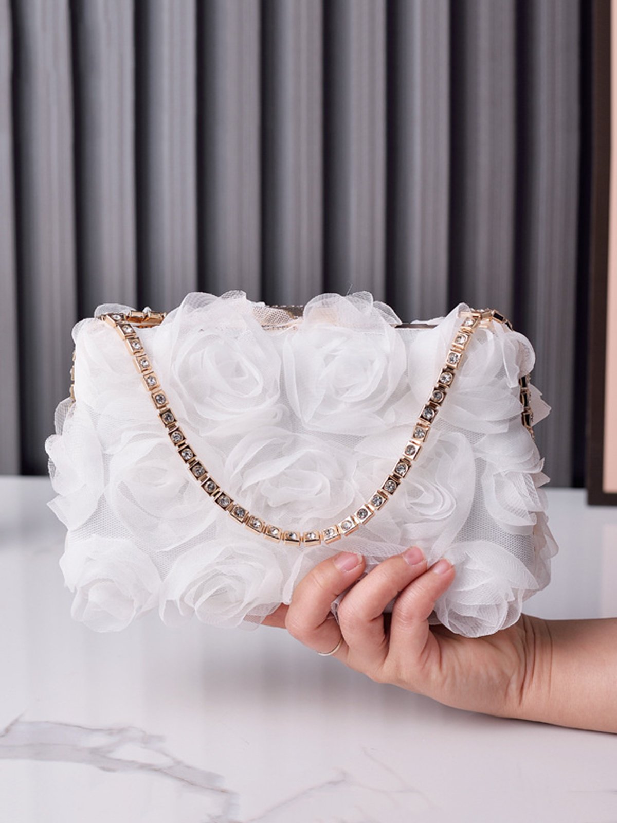 Elegant Mesh Rose Applique Clutch Bag with Rhinestone Handle