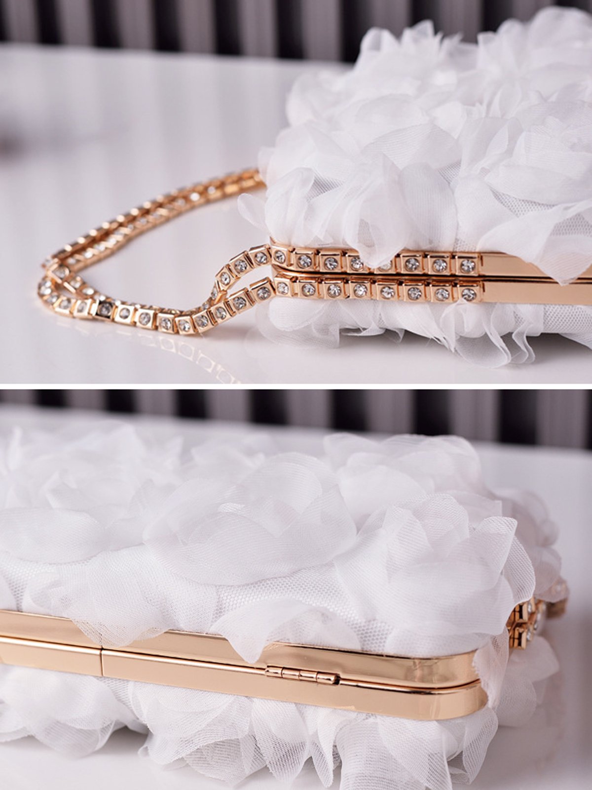 Elegant Mesh Rose Applique Clutch Bag with Rhinestone Handle