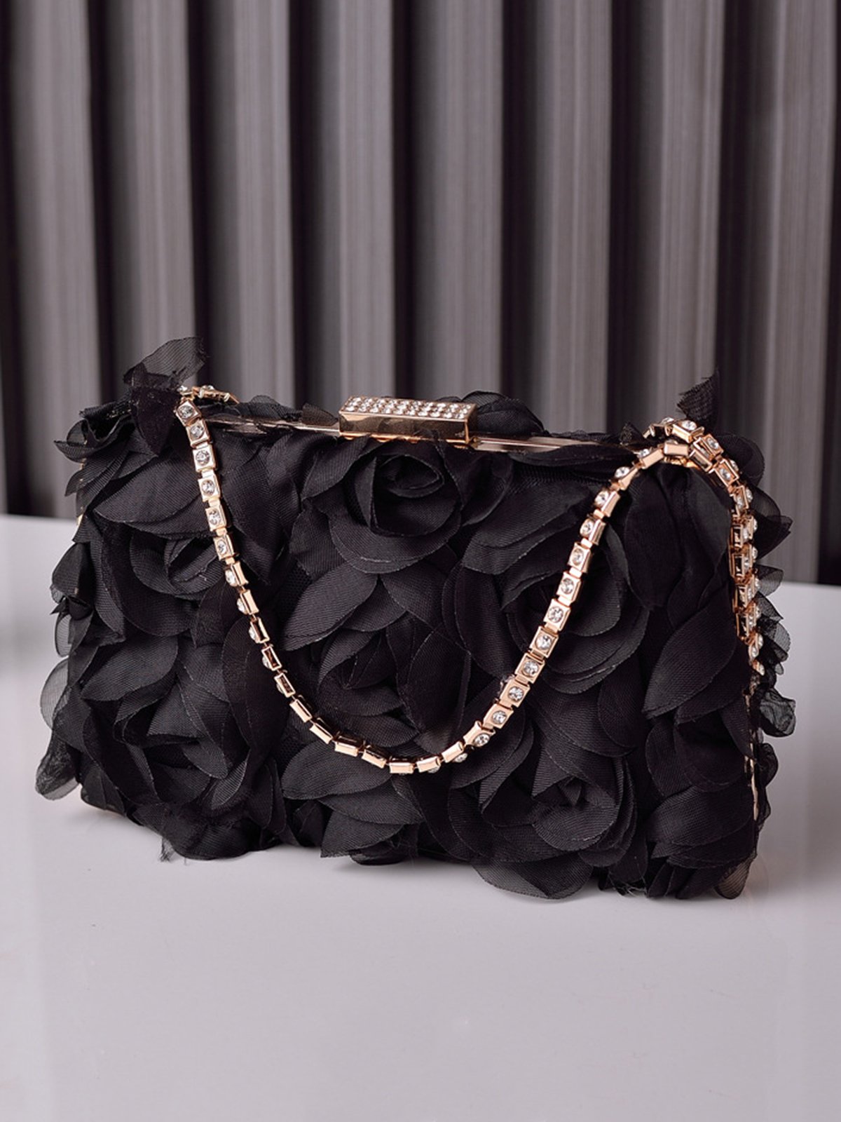 Elegant Mesh Rose Applique Clutch Bag with Rhinestone Handle